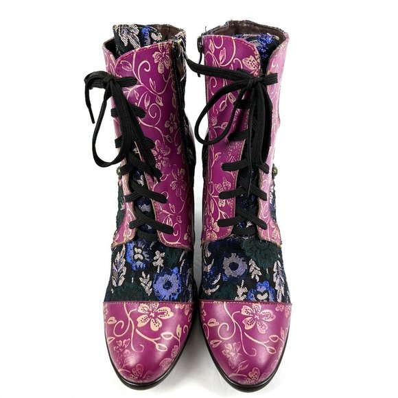 Boho Ankle Boots 42 Colorful Retro Hippie Lace Zip Up Bootie Womens Unique NEW - Picture 2 of 14